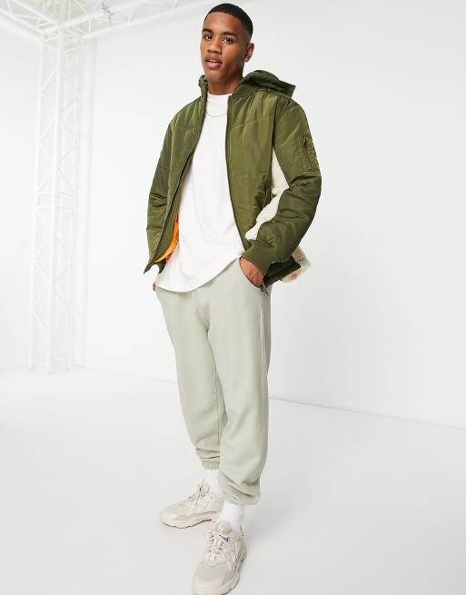 Urbancode hooded bomber jacket with borg trim in khaki | ASOS