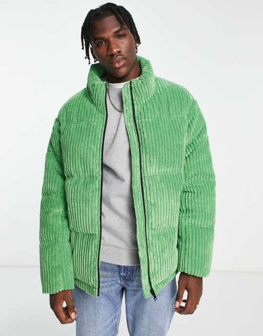 Urbancode jumbo cord puffer jacket in bright green | ASOS