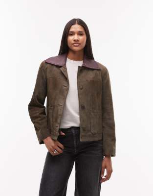 Urbancode - Kastige Wildleder-Jacke in Khaki mit Kontrastkragen-Grün