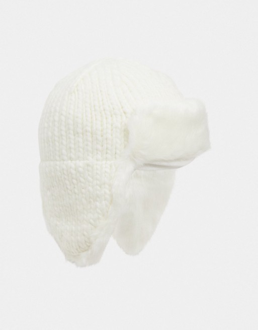 Urbancode knitted trapper hat with faux fur trim in cream