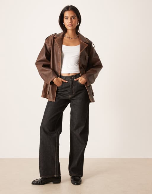 Urbancode - Lange distressed leren werkersjas in chocoladebruin, 3 van 4
