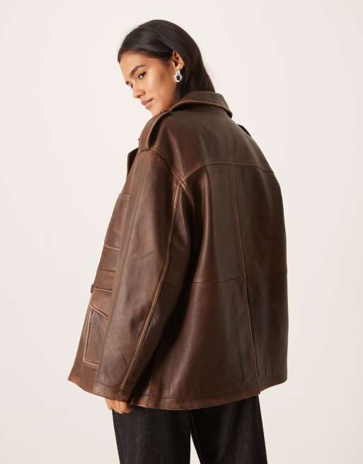 Urbancode - Lange distressed leren werkersjas in chocoladebruin, 4 van 4