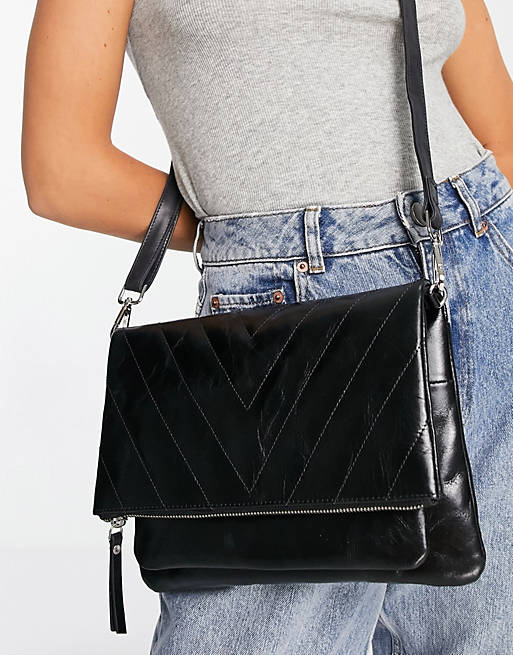 Urbancode large leather quilted crossbody bag in black with a ...