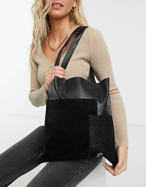 Urbancode Leather and suede mix tote bag in black | ASOS