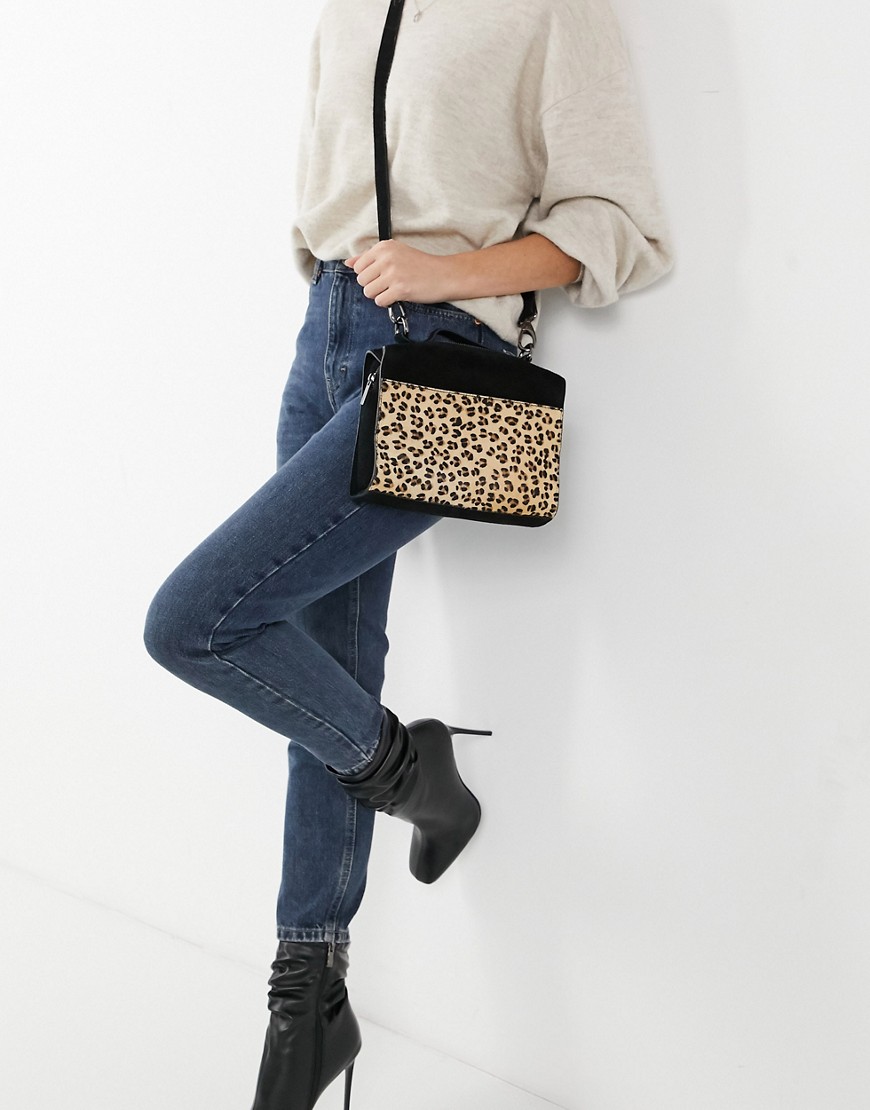 Urbancode Leather Boxy Bag With Leopard Panel-multi