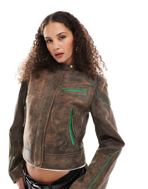 Urbancode leather boxy racer jacket in brown and green - view 1