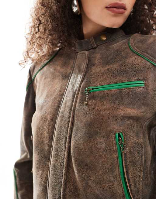 Urbancode leather boxy racer jacket in brown and green | ASOS