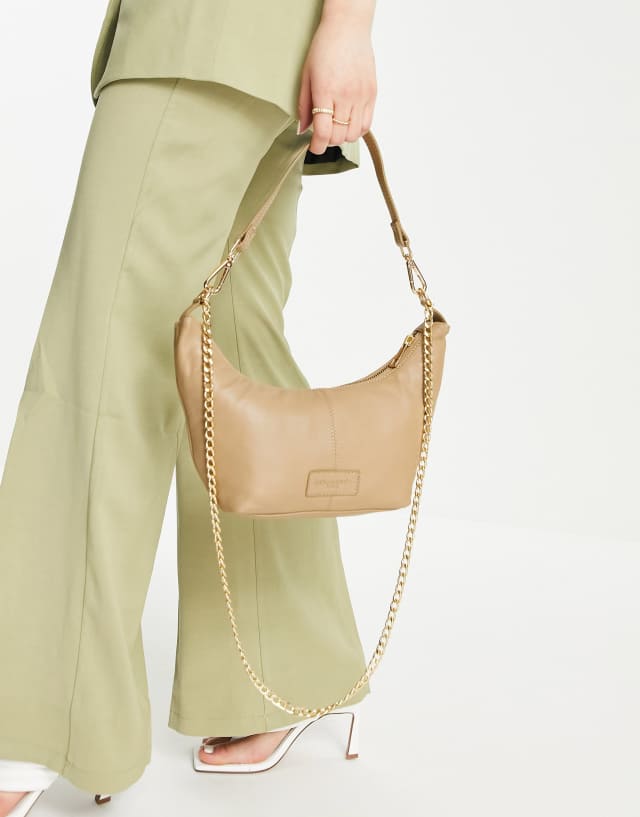 Urbancode leather chain detail slouch shoulder bag in taupe