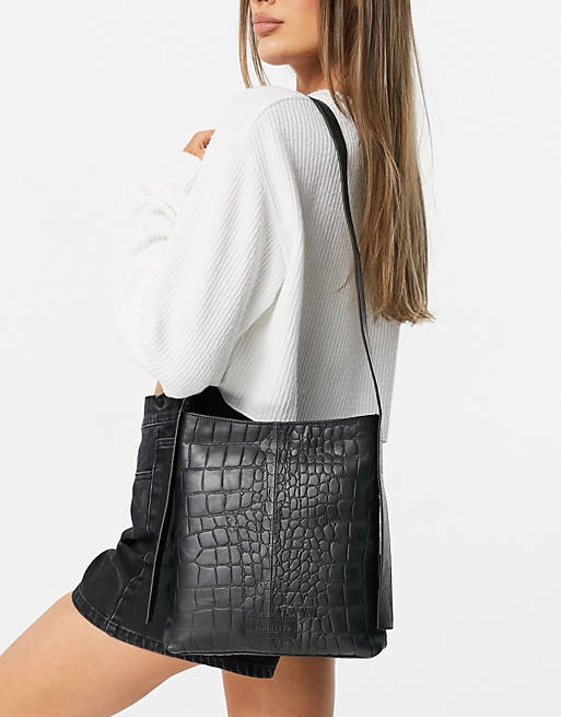 Urbancode leather croc print shoulder bag in black | ASOS
