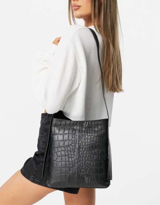 Urbancode leather croc print shoulder bag in black