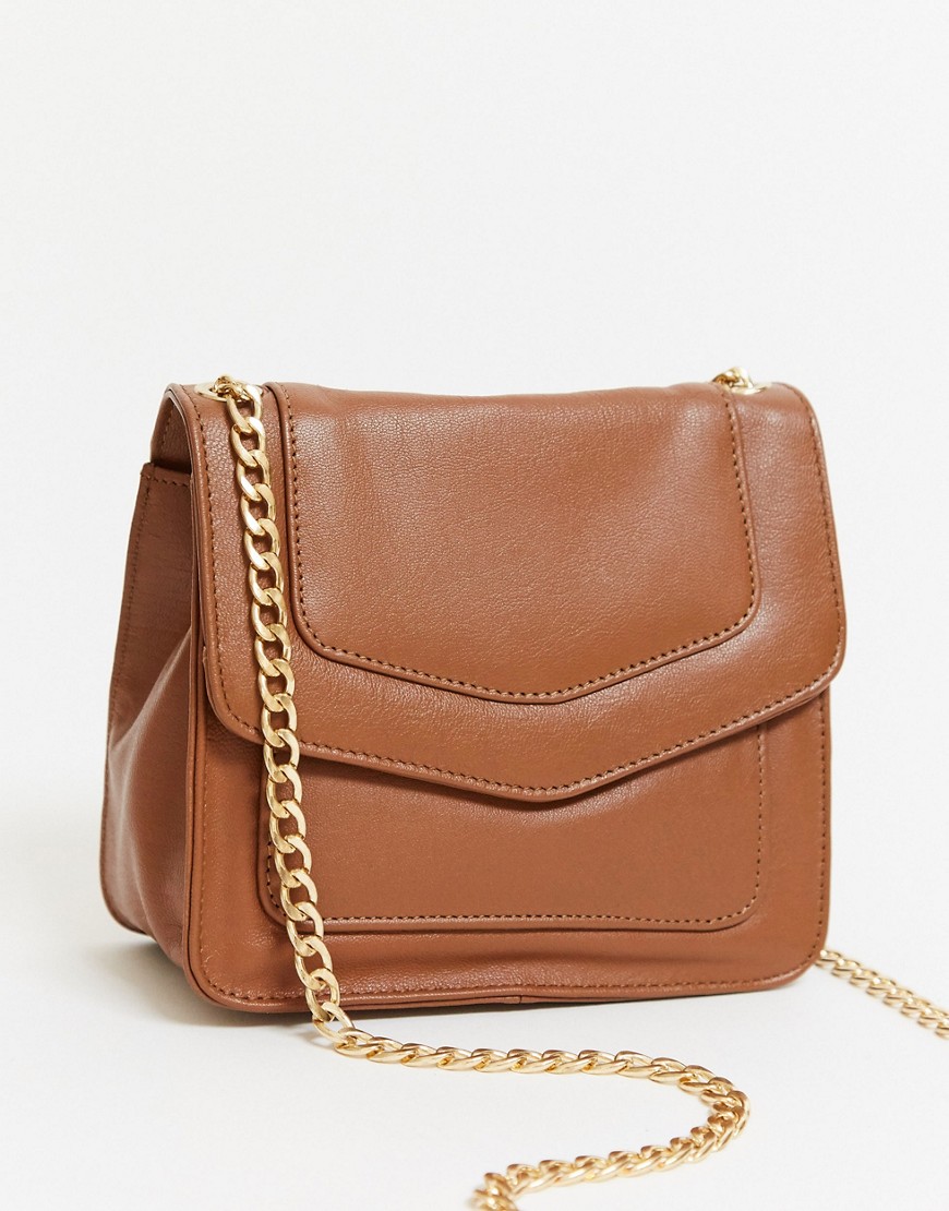 Urbancode Leather Cross Body Bag With Gold Clasp In Tan | ModeSens