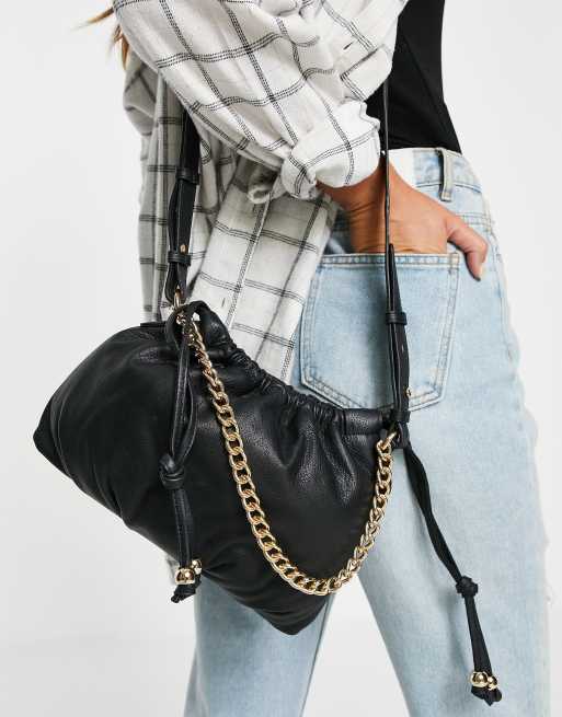 Urbancode leather drawstring chain crossbody bag in black ASOS