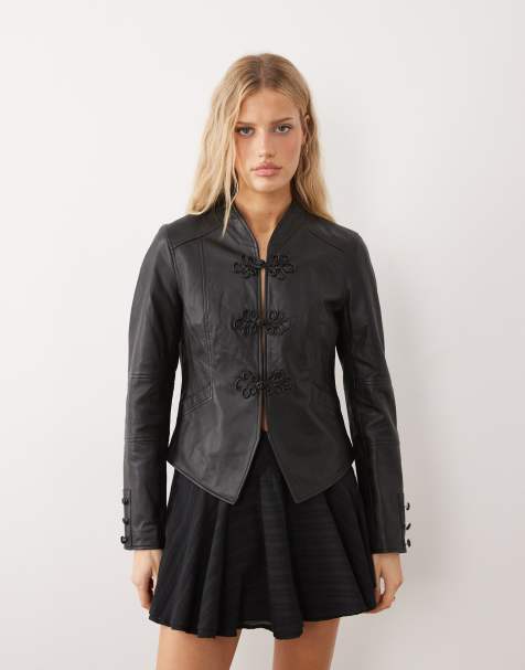 Urbancode leather fitted military style jacket with frog clasps in black - view 1