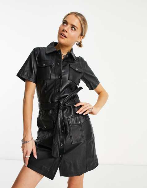 Urbancode leather shirt dress with tie waist in black  - view 1
