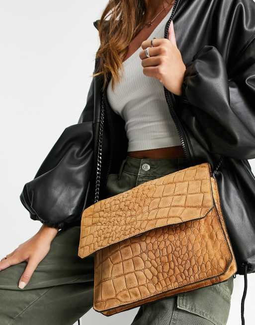 Urbancode leather suede croc print crossbody bag in tan ASOS