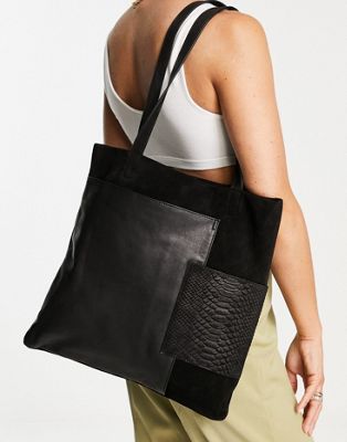 Urbancode leather suede pocket detail tote in black