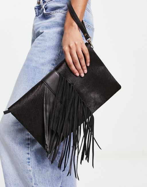 Urbancode leather tasselled clutch bag in black