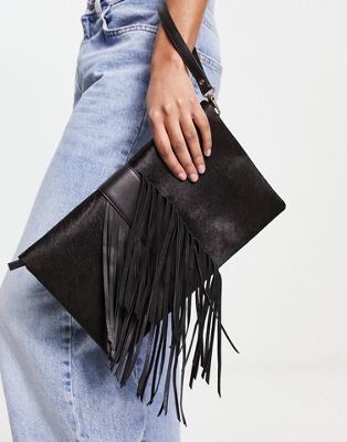 Urbancode leather tassled clutch bag in black