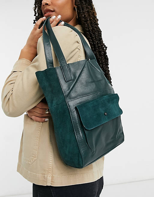 Urbancode leather tote bag with suede pocket in dark green | ASOS