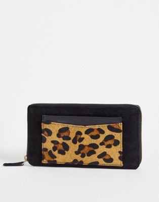 Urbancode leopard print zip around suede purse in black