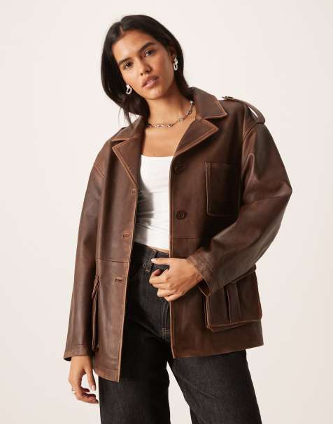 Urbancode longline distressed leather worker jacket in chocolate