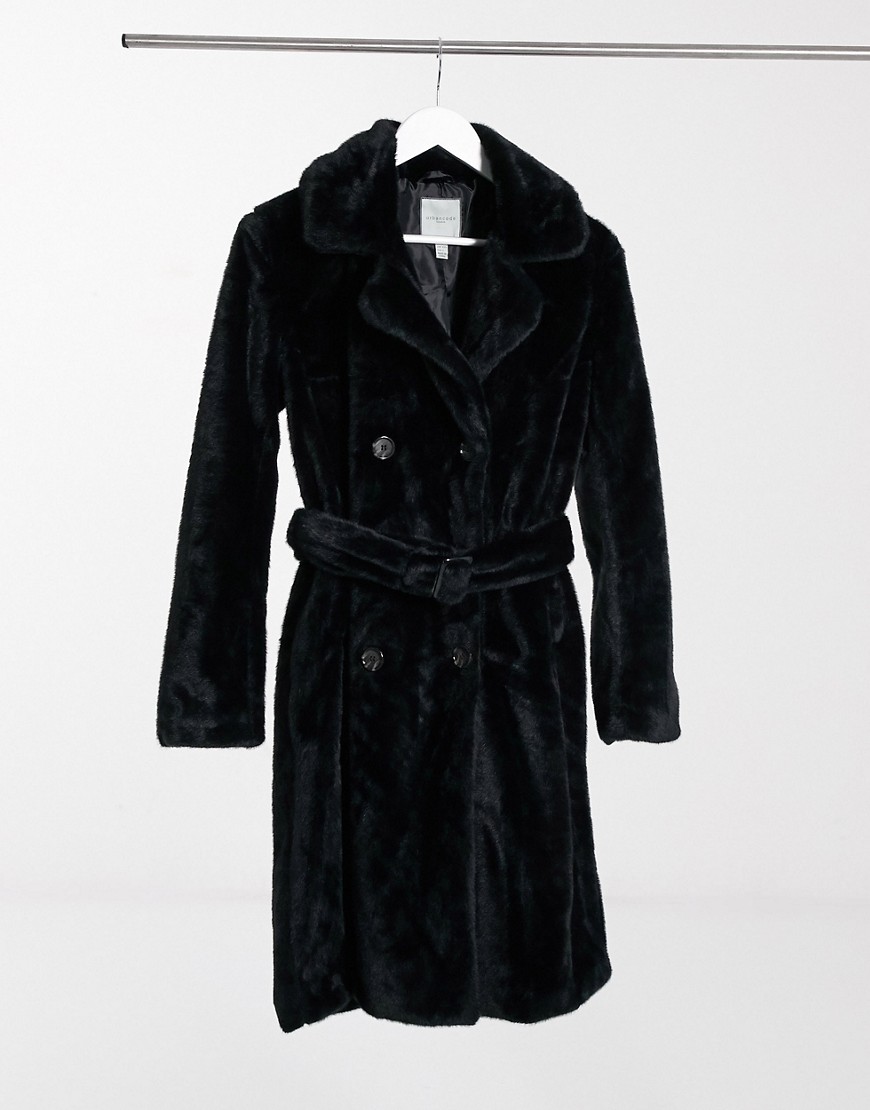 Urbancode longline faux fur belted coat in black