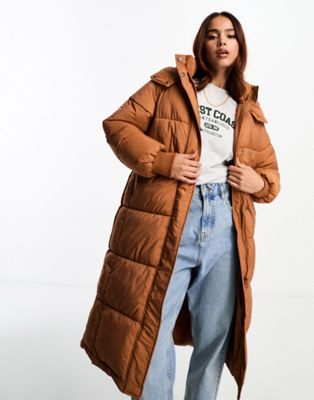 Urbancode longline hooded puffer jacket in toffee brown - ASOS Price Checker
