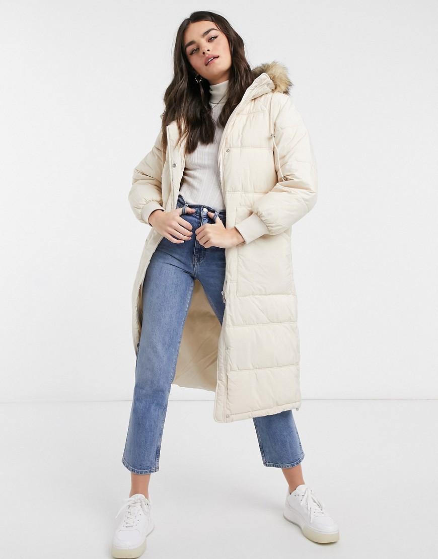 Urbancode longline padded puffer jacket with faux fur trim hood in cream-White
