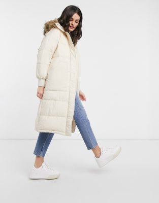 cream puffer jacket with fur hood