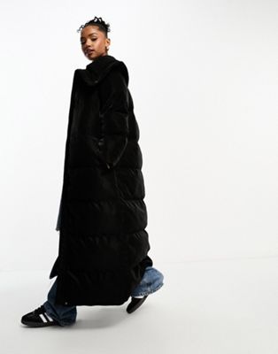 Urbancode maxi puffer coat with oversized shawl collar in black