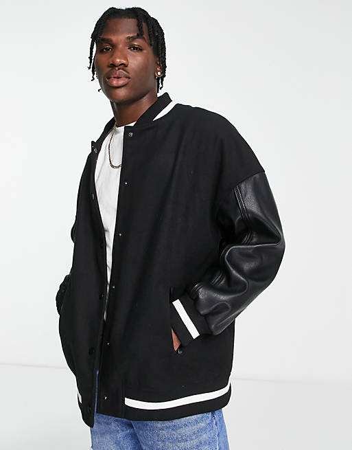 Urbancode melton & faux leather varsity jacket in black | ASOS