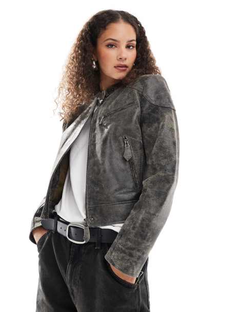 Urbancode – Motorjacke aus Leder in Dunkelbraun mit Used-Optik - view 1