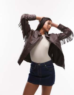 Urbancode Nappa Leather Fringed Western Jacket In Brown
