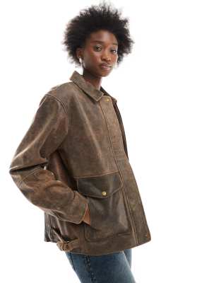 Urbancode - Oversize-Harrington-Jacke aus Vintage-Leder in Dunkelbraun