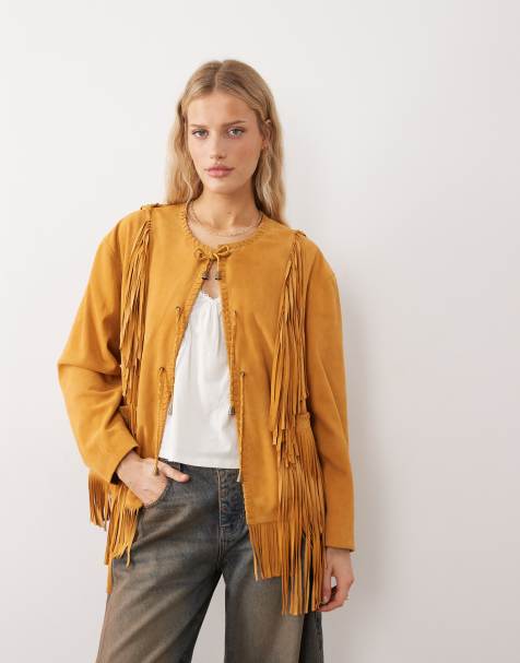 Urbancode oversized boho suede fringed jacket in yellow - view 1