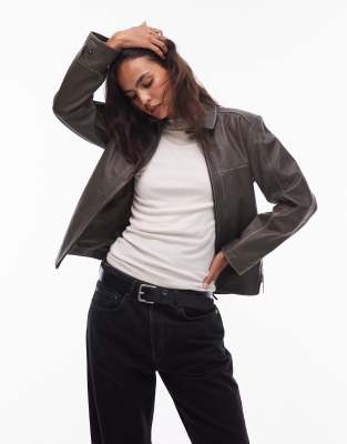 Urbancode Urbancode oversized leather box jacket in distressed khaki-Green