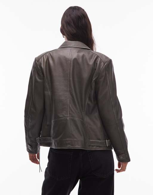ジャケット・アウター URBANCODE Urbancode oversized leather box jacket in distressed khaki