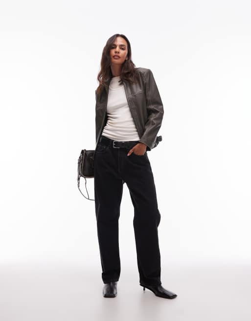 Urbancode oversized leather box jacket in distressed khaki