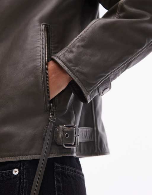 Urbancode oversized leather box jacket in distressed khaki