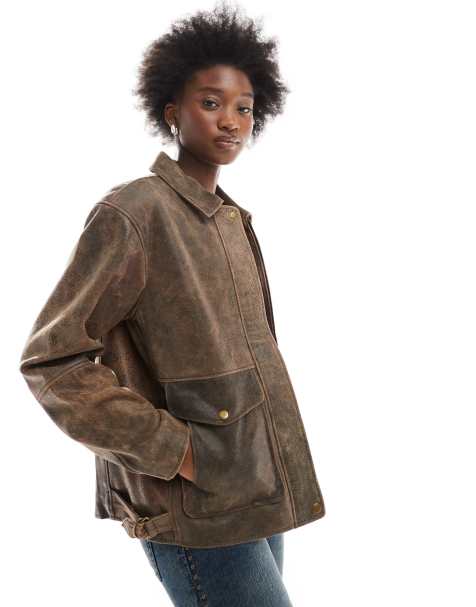 Urbancode oversized vintage leather harrington jacket in deep brown - view 1