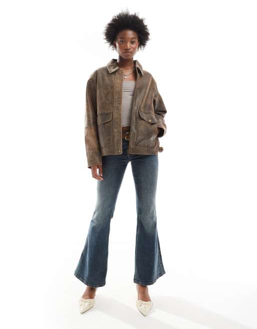 Urbancode oversized vintage leather harrington jacket in deep brown | ASOS