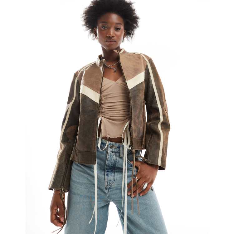 Urbancode panelled leather motor biker jacket in multi brown | ASOS