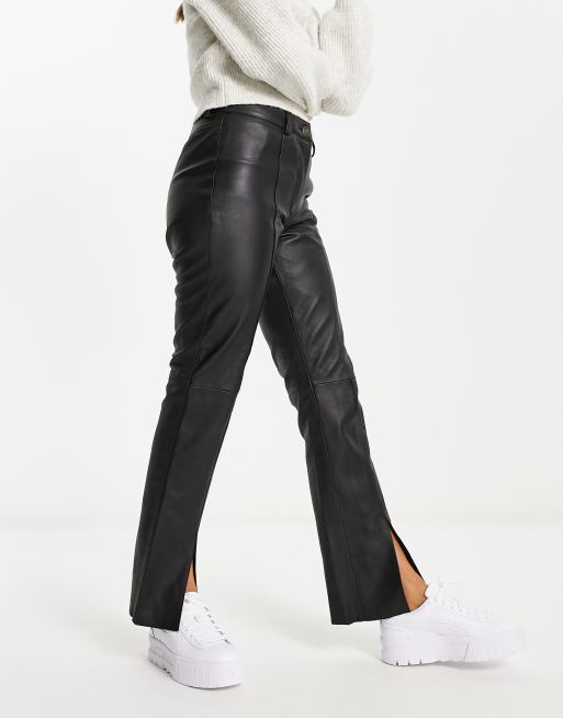 Urbancode Pantalon fendu sur le devant en cuir v ritable Noir