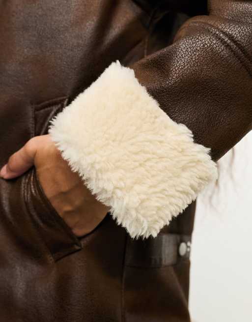 Urbancode Petite - Blouson aviateur long avec bordures en imitation peau de mouton - Marron, 4 de 4