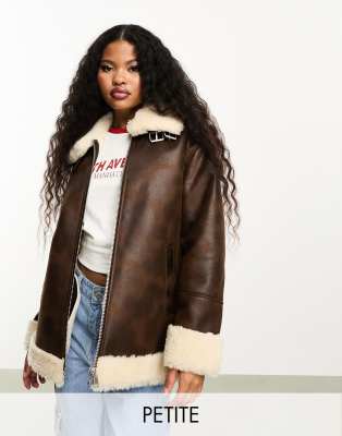 Urbancode Petite longline aviator jacket with borg trims in brown-White