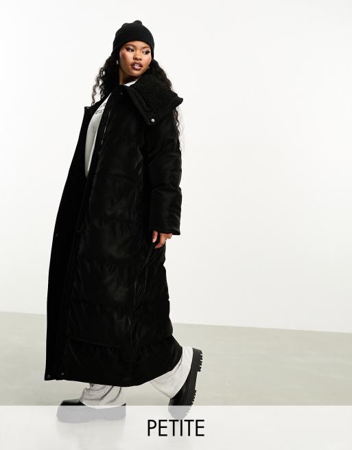 Urbancode Petite - Piumino lungo con collo sciallato oversize, colore nero
