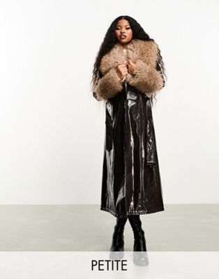 Urbancode Petite vinyl trench coat with borg trim in chocolate brown - ASOS Price Checker