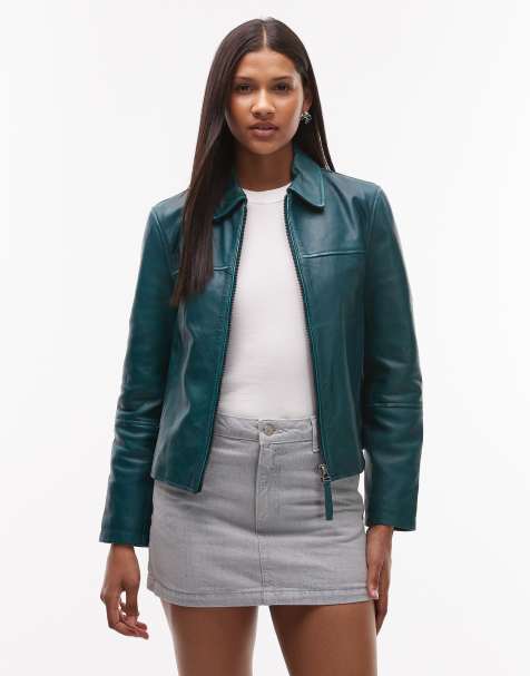 Urbancode - Petroleumsblå harrington-jakke i læder med slitage - view 1