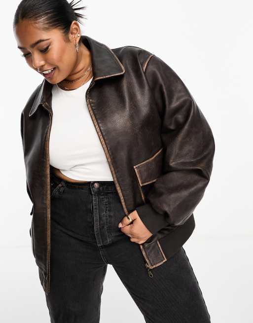 Urbancode Plus – Bomberjacke aus Kunstleder in Vintage-Braun