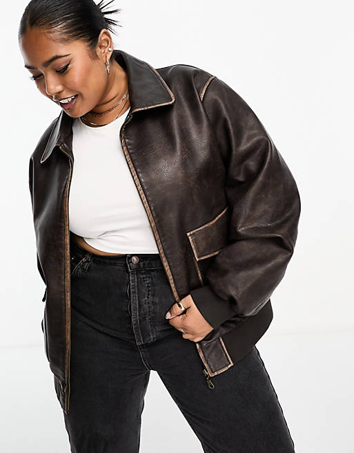 Urbancode Plus faux leather bomber jacket in vintage brown | ASOS